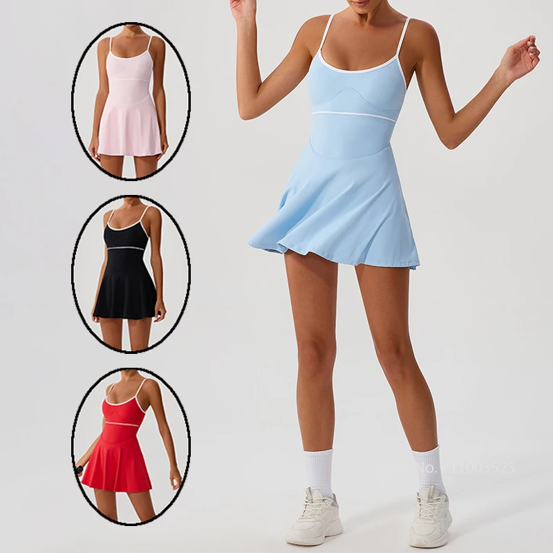 Женское теннисное платье, летние контрастные платья без рукавов для тренировок, йоги с бюстгальтером и шортами, сексуальные юбки для фитнеса с открытой спиной, пикбола 
Женское теннисное платье, летние контрастные платья без рукавов для тренировок, йоги с бюстгальтером и шортами, сексуальные юбки для фитнеса с открытой спиной, пикбола