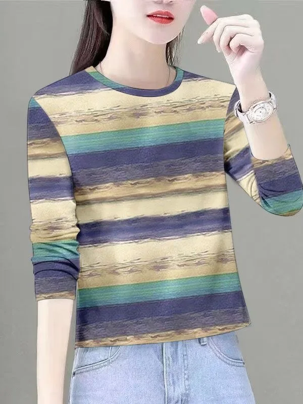 Elegant Rainbow Stripes Long Sleeve round Neck T-Shirt Women's Fashionable Mommy Style Slimming Casual Top Polyester Fiber
Elegant Rainbow Stripes Long Sleeve round Neck T-Shirt Women's Fashionable Mommy Style Slimming Casual Top Polyester Fiber