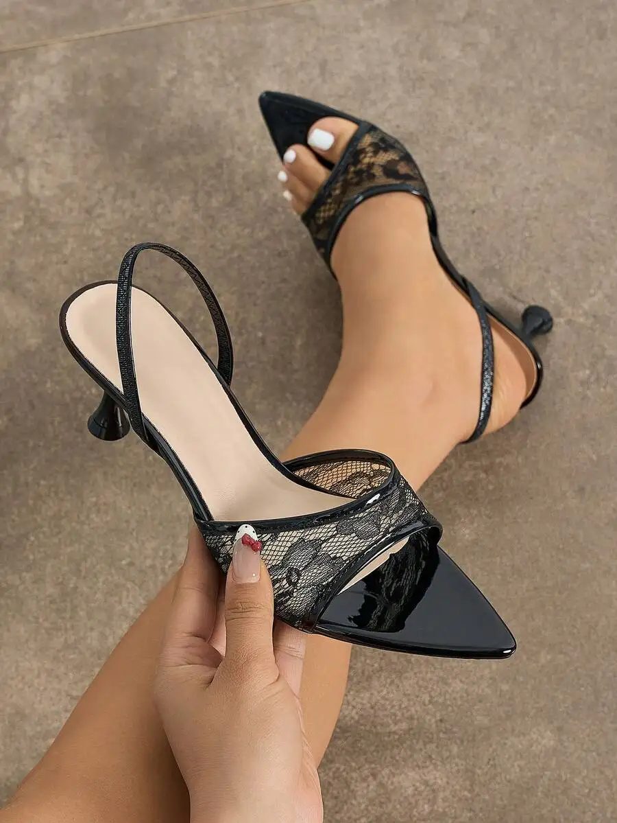 Womens Lace Mesh Mule Sandals Pointed Toe Kitten Heel Slip-On Black
Womens Lace Mesh Mule Sandals Pointed Toe Kitten Heel Slip-On Black