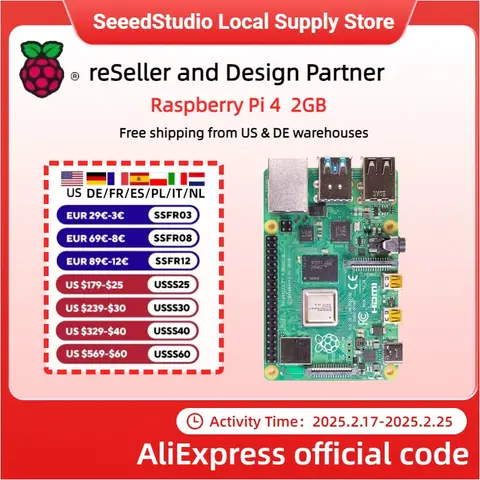 Computer Raspberry Pi 4 da 2 GB Modello B da 1 GB/2 GB, quad-core Cortex-A72, BCM2711, 2,4 GHz e 5,0 GHz IEEE 802.11b/g/n/ac wireless