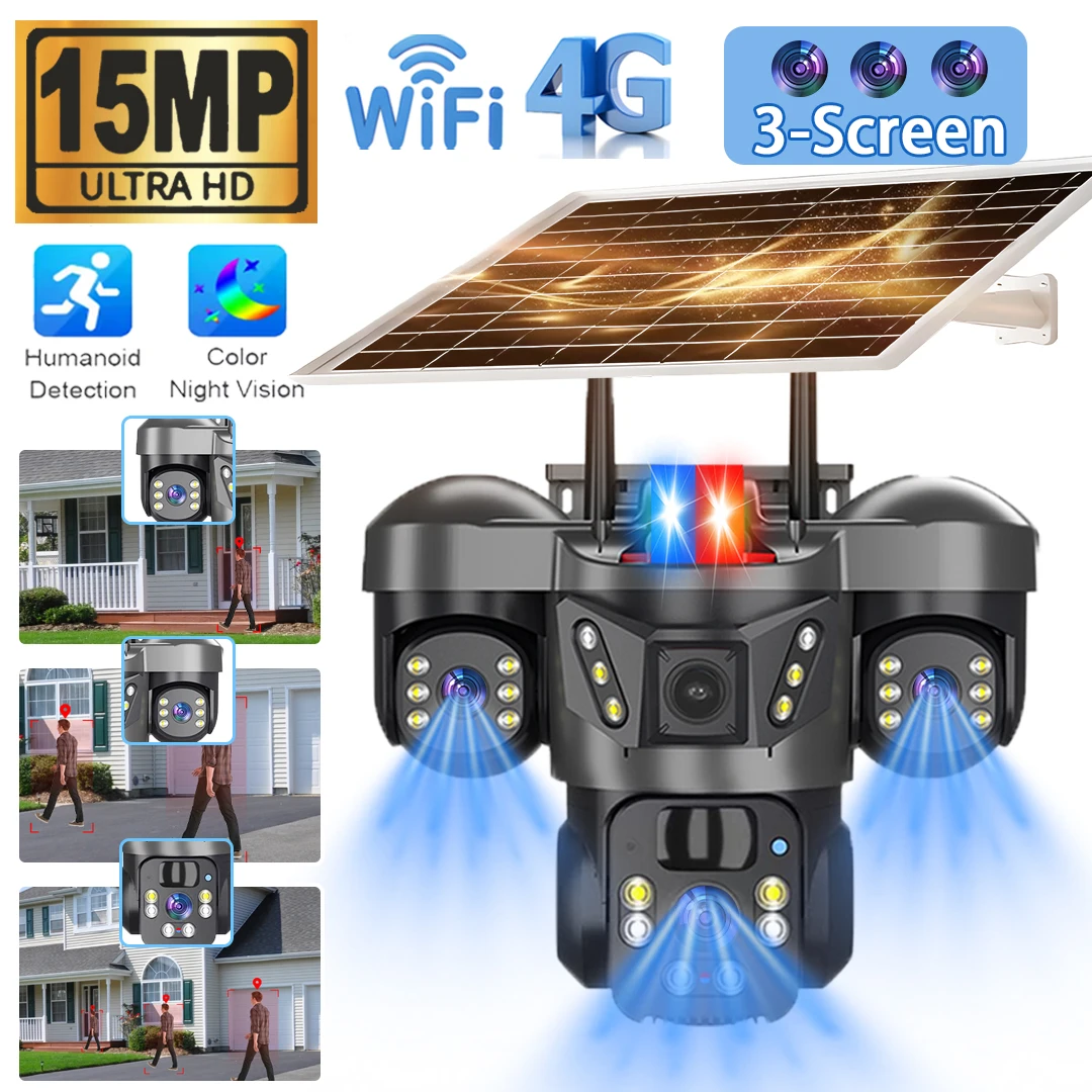 Three Lens Solar Camera 4G Sim Outdoor 15MP Three Screen WiFi PTZ Solaire Panel Cameras Color Night Vision Home IP Surveillance
Three Lens Solar Camera 4G Sim Outdoor 15MP Three Screen WiFi PTZ Solaire Panel Cameras Color Night Vision Home IP Surveillance