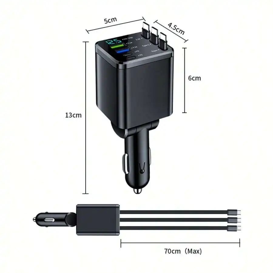 7-In-1 Car Charger 120W Fast Charging With 70cm Cable Adjustable Type-C/Lightning Ports
7-In-1 Car Charger 120W Fast Charging With 70cm Cable Adjustable Type-C/Lightning Ports