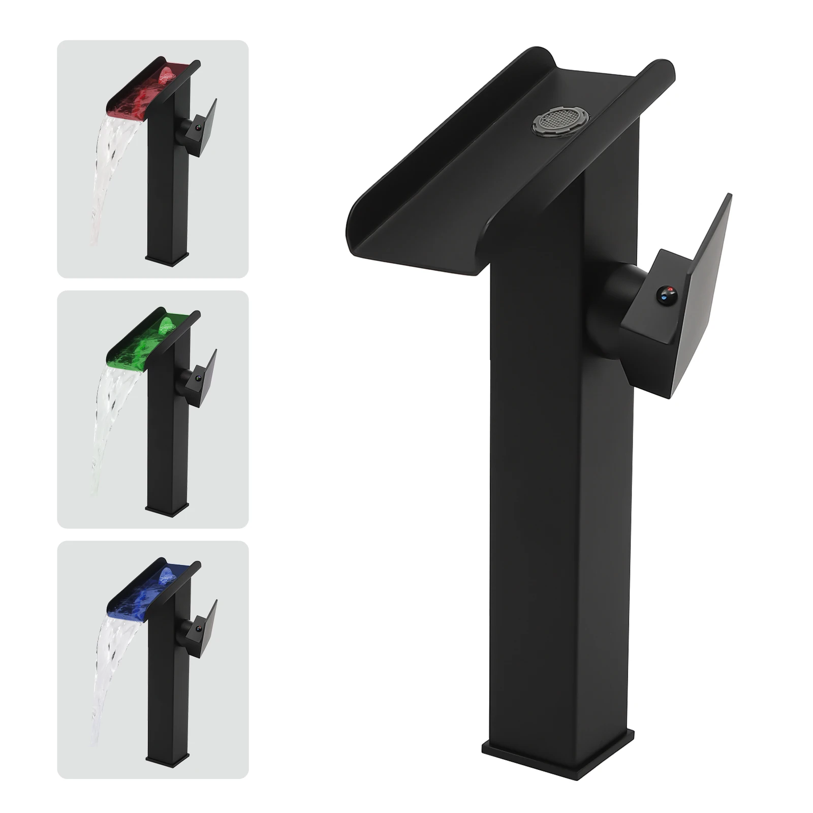 Black Tall LED Waterfall Basin Bathroom Faucet Deck Mounted Hot Cold Water Mixer Taps Three Color Change By Water Flow
Black Tall LED Waterfall Basin Bathroom Faucet Deck Mounted Hot Cold Water Mixer Taps Three Color Change By Water Flow