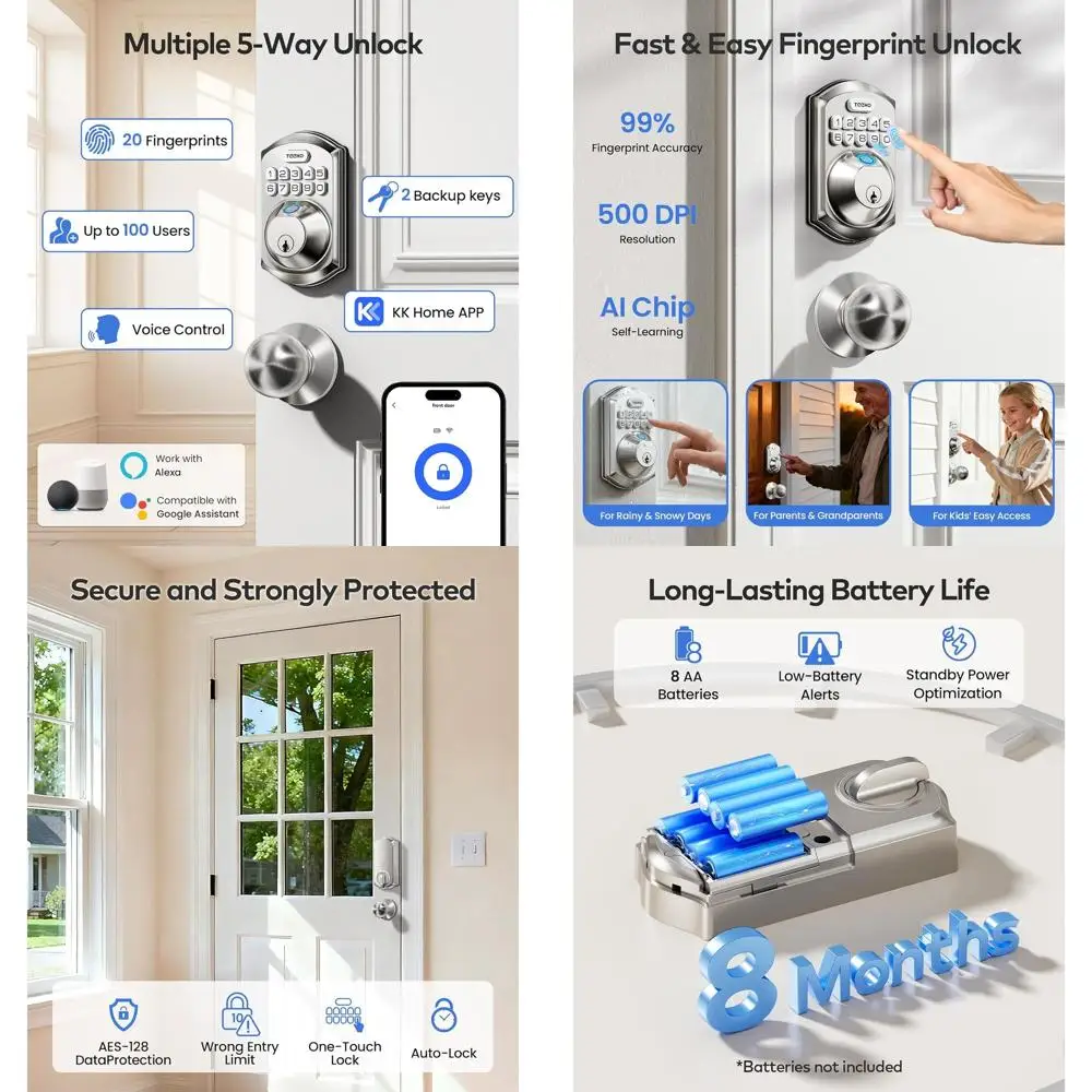 Умный дверной замок с функцией распознавания отпечатков пальцев, цифровой клавиатурой, ручкой, пультом дистанционного управления, совместимый с Alexa, для входных дверей, цвет сатиновый никель.
Умный дверной замок с функцией распознавания отпечатков пальцев, цифровой клавиатурой, ручкой, пультом дистанционного управления, совместимый с Alexa, для входных дверей, цвет сатиновый никель.