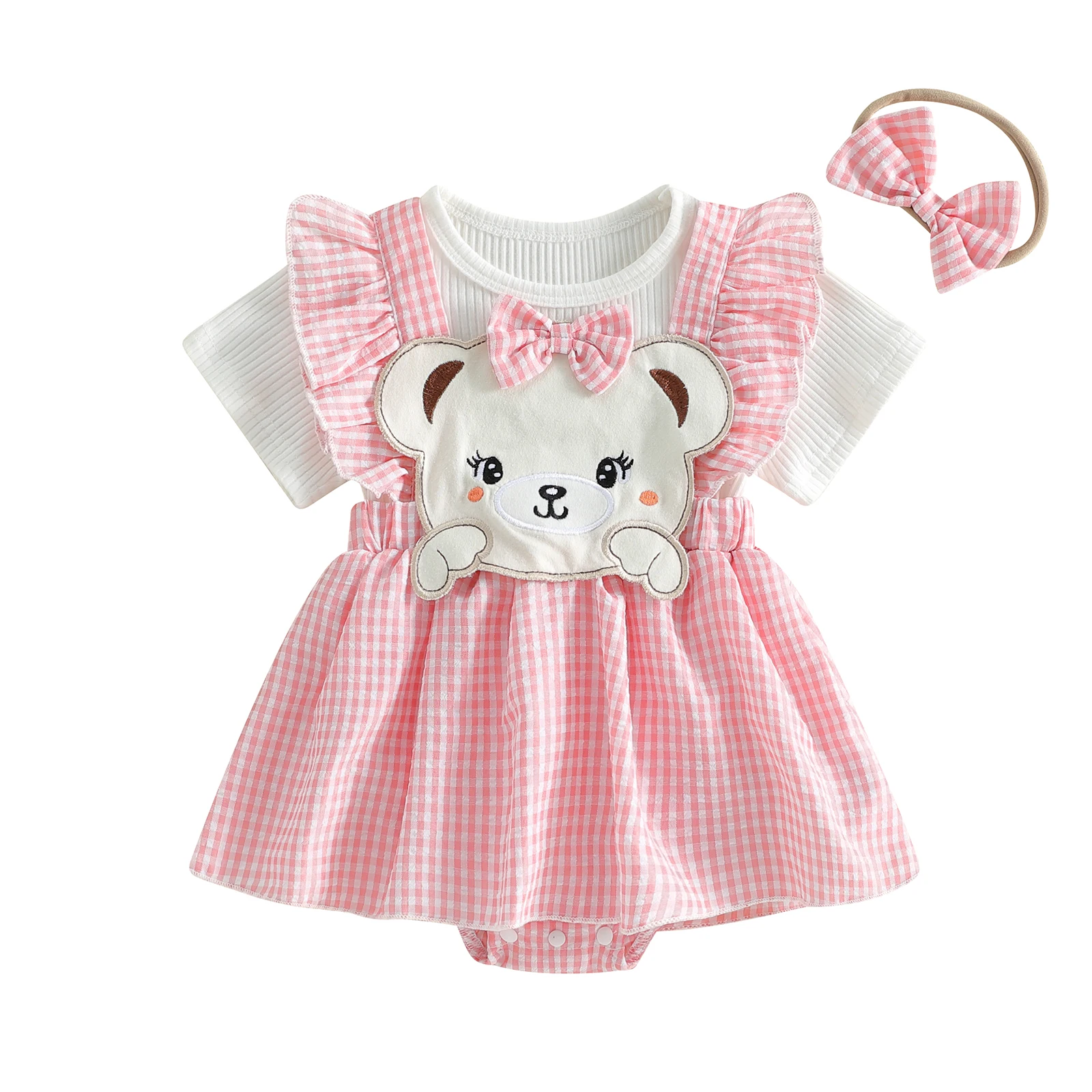 Baby Girl 2 Piece Outfit Adorable Bear Applique Plaid Short Sleeve Round Neck Romper Dress and Bow Headband Set
Baby Girl 2 Piece Outfit Adorable Bear Applique Plaid Short Sleeve Round Neck Romper Dress and Bow Headband Set
