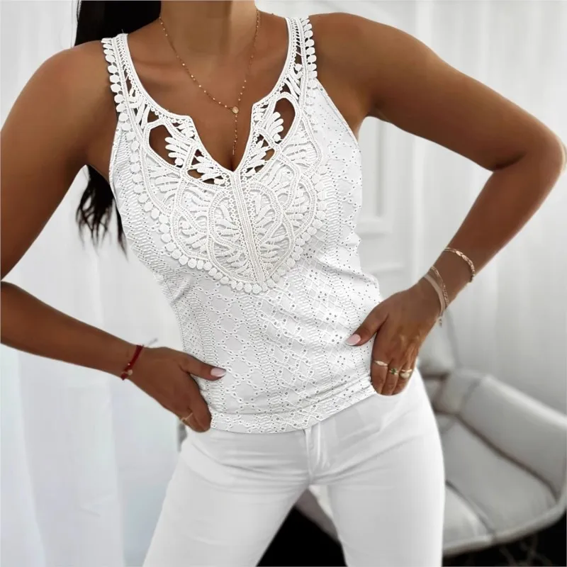 Chic Lace Hollow Out Vest Women Outfits V Neck Sleeveless Solid Color Slim T Shirts Summer Sexy Tops All-match Women's Clothing
Chic Lace Hollow Out Vest Women Outfits V Neck Sleeveless Solid Color Slim T Shirts Summer Sexy Tops All-match Women's Clothing
