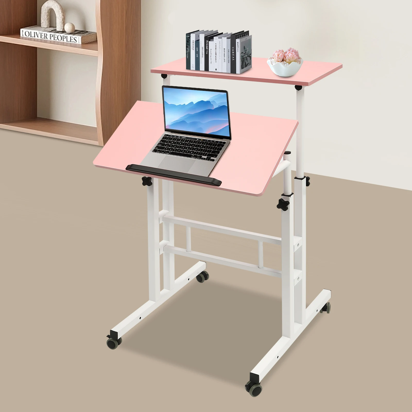 Adjustable Mobile Stand up Desk Small Pink Standing Table Portable Rolling Laptop Cart with Wheels for Home, Office, Workstation
Adjustable Mobile Stand up Desk Small Pink Standing Table Portable Rolling Laptop Cart with Wheels for Home, Office, Workstation