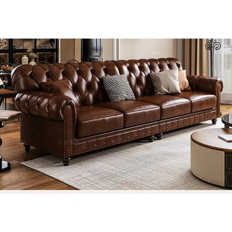 American retro oil wax leather sofa three or four people straight row antique brown sofa living room villa furniture
American retro oil wax leather sofa three or four people straight row antique brown sofa living room villa furniture