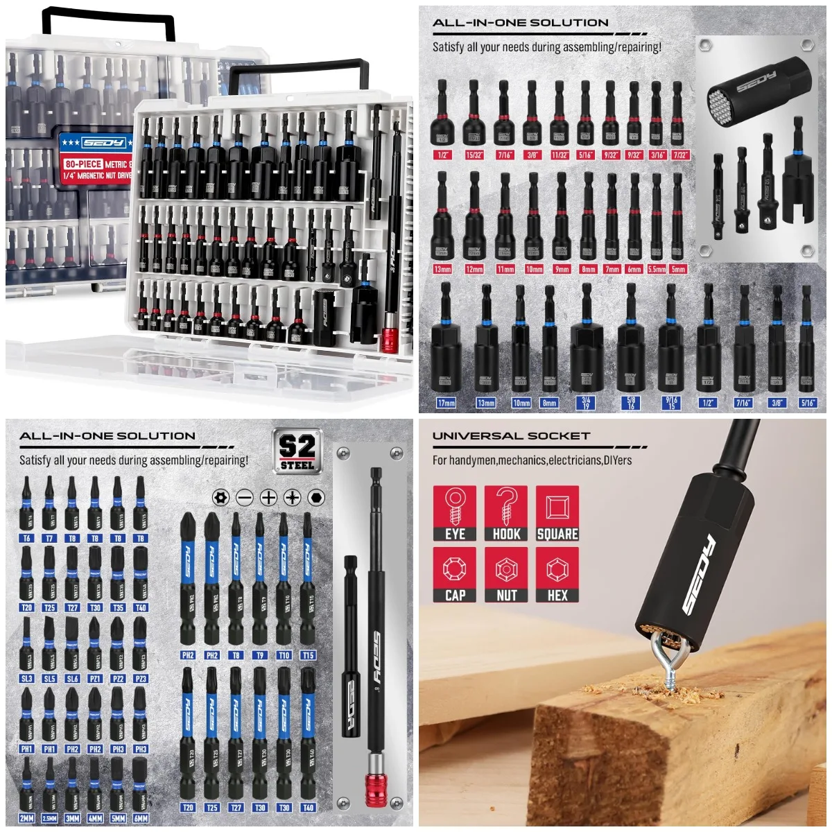 80-Piece Magnetic Impact Nut Driver Set: Metric & SAE, with Adapters, Bit Holder, Wing Nut Driver, Universal Sockets, Quick Rele
80-Piece Magnetic Impact Nut Driver Set: Metric & SAE, with Adapters, Bit Holder, Wing Nut Driver, Universal Sockets, Quick Rele