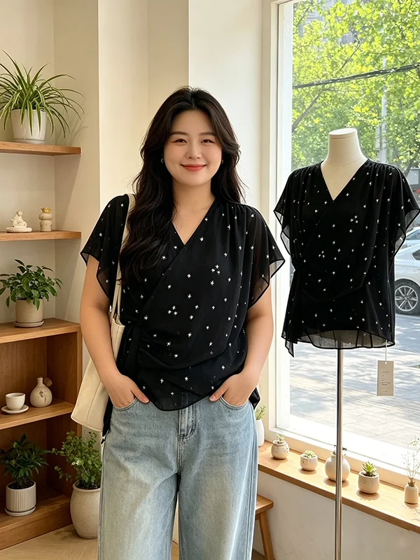 plus Size Women's Summer Casual Chiffon Top Loose Fit Conceal Meat Slimming Ageless Korean Style V-Neck Short Sleeve Blouse
plus Size Women's Summer Casual Chiffon Top Loose Fit Conceal Meat Slimming Ageless Korean Style V-Neck Short Sleeve Blouse