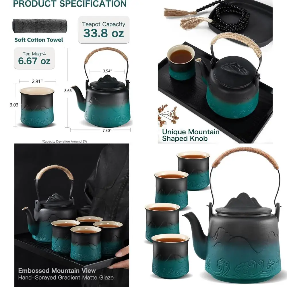 Винтажный японский чайный сервиз: керамический чайник с градиентным дизайном и 4 чашками, со встроенным ситечком, 1 литр, черно-зеленый
Винтажный японский чайный сервиз: керамический чайник с градиентным дизайном и 4 чашками, со встроенным ситечком, 1 литр, черно-зеленый