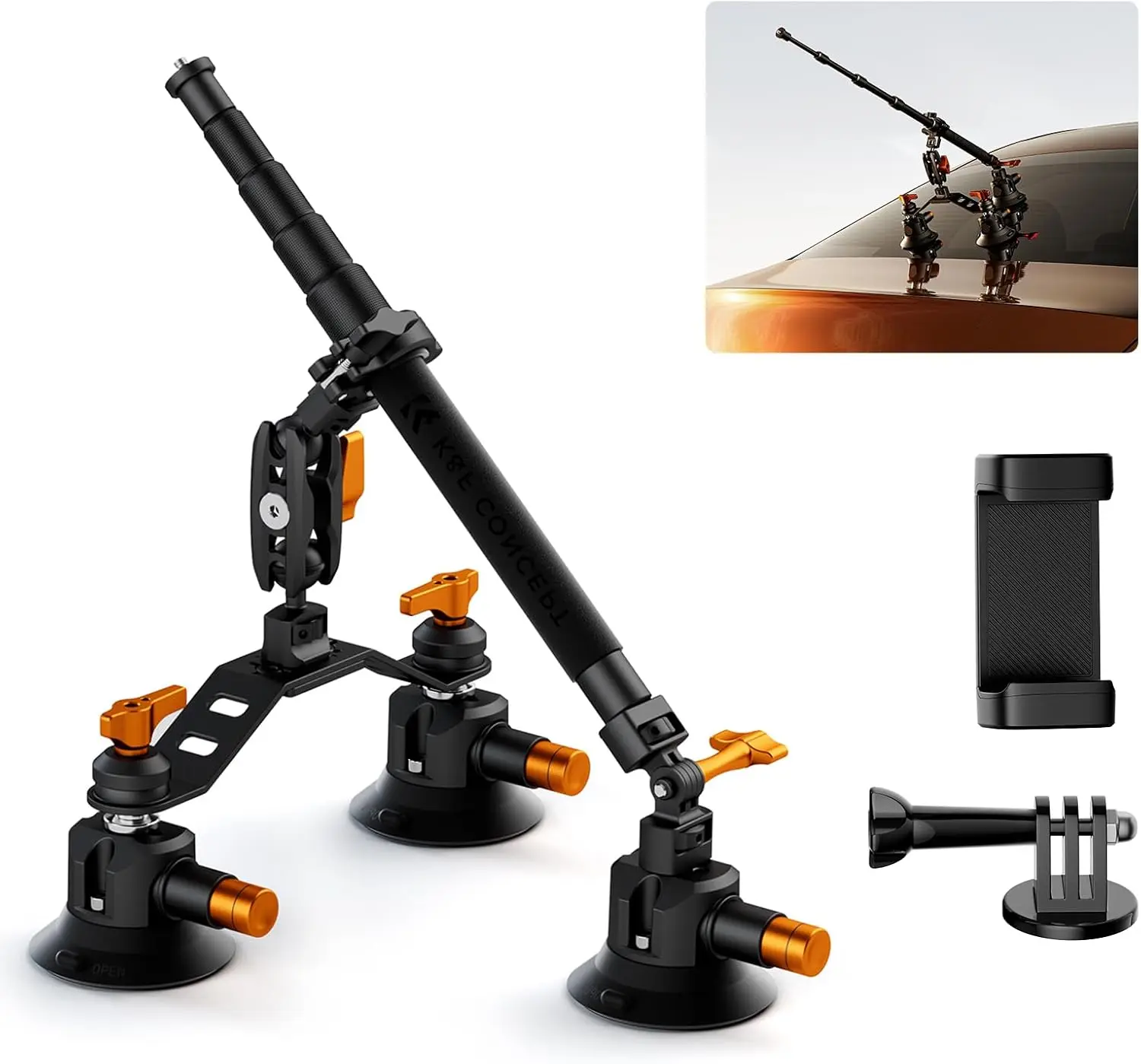 Triple Suction Cup Car Mount for Camera, Heavy Duty 3-in-1 Kit with 15° Curved Surface Adjustment, Extension Pole & Phone Holder
Triple Suction Cup Car Mount for Camera, Heavy Duty 3-in-1 Kit with 15° Curved Surface Adjustment, Extension Pole & Phone Holder