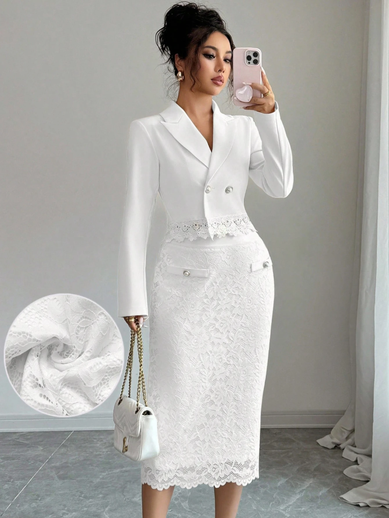 Women Double Breasted Cropped Blazer And Lace Midi Skirt Elegant Formal Office Suit Set For Evening Occasion
Women Double Breasted Cropped Blazer And Lace Midi Skirt Elegant Formal Office Suit Set For Evening Occasion