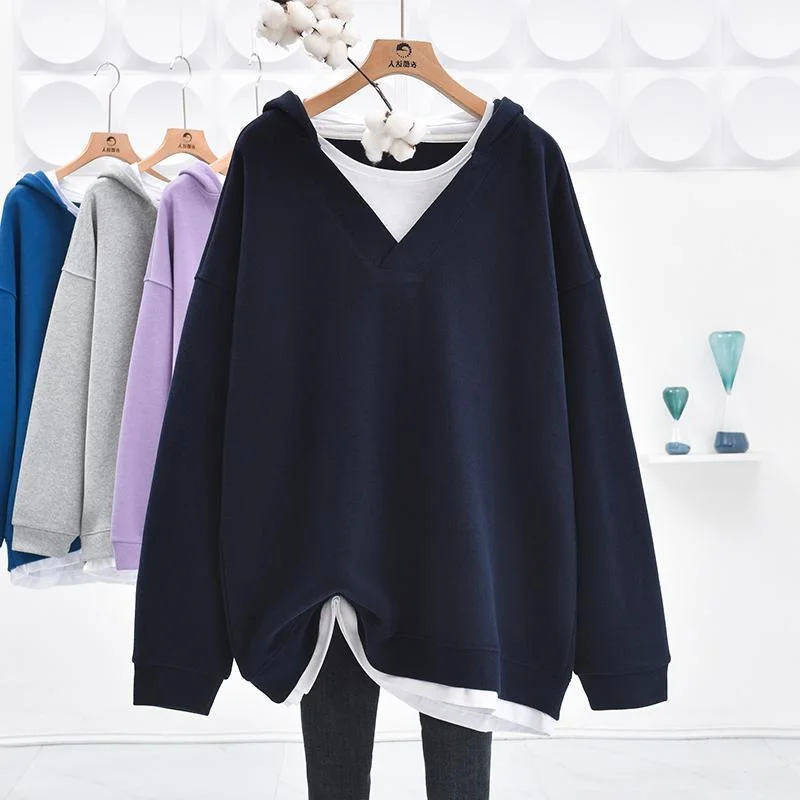 Autumn Winter plus Size Hoodie Women's Loose Fit V-Neck Long Sleeve Mid-Length Thin Splice Fake Two-Piece Versatile Sweatshirt
Autumn Winter plus Size Hoodie Women's Loose Fit V-Neck Long Sleeve Mid-Length Thin Splice Fake Two-Piece Versatile Sweatshirt