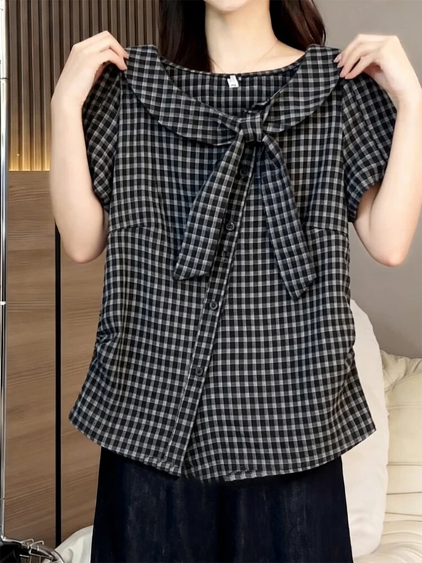 Summer 2026 Large Size College Style Plaid Shirt Women's Short Sleeve Bow Tie Doll Collar Waist Cinched Anti-Aging Top
Summer 2026 Large Size College Style Plaid Shirt Women's Short Sleeve Bow Tie Doll Collar Waist Cinched Anti-Aging Top