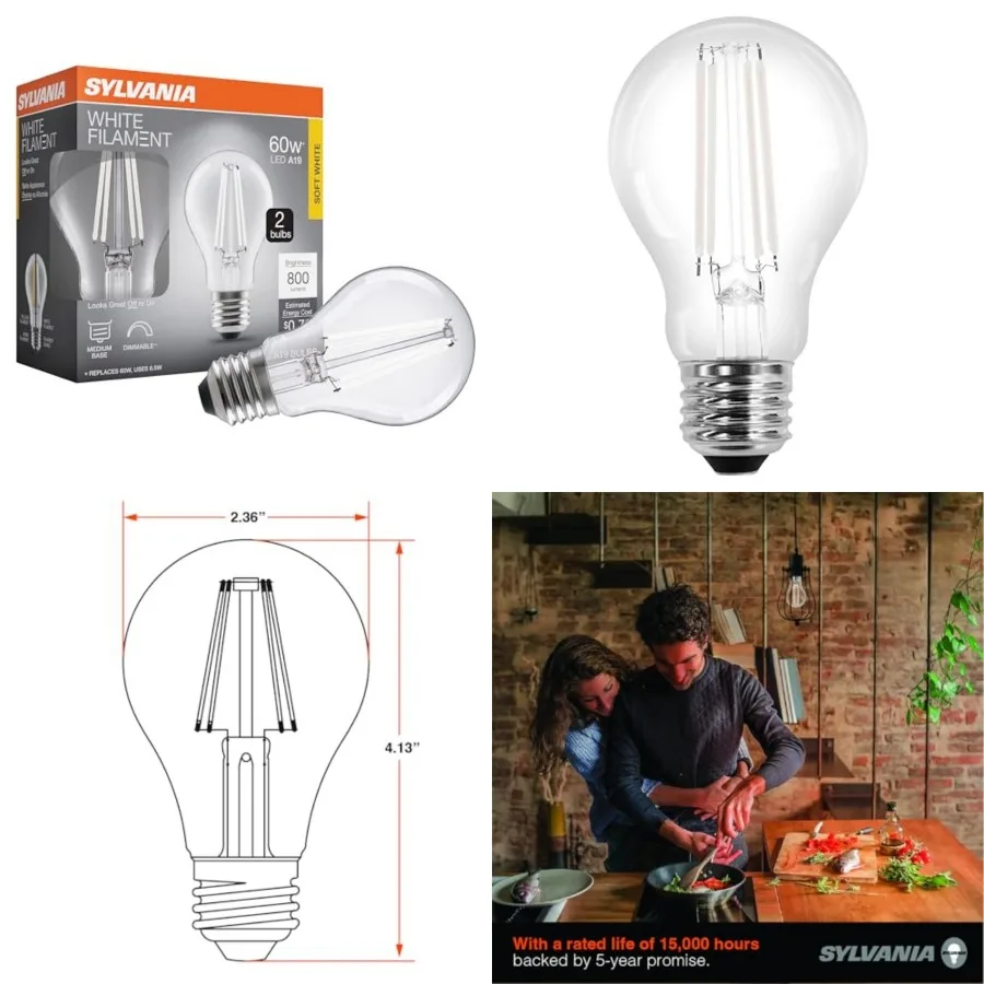 Sylvania A19 Clear LED White Filament Bulb, 6., Dimmable, 800 LMS, Medium Base, 2700K, Soft White - 2 Pack 42170
Sylvania A19 Clear LED White Filament Bulb, 6., Dimmable, 800 LMS, Medium Base, 2700K, Soft White - 2 Pack 42170