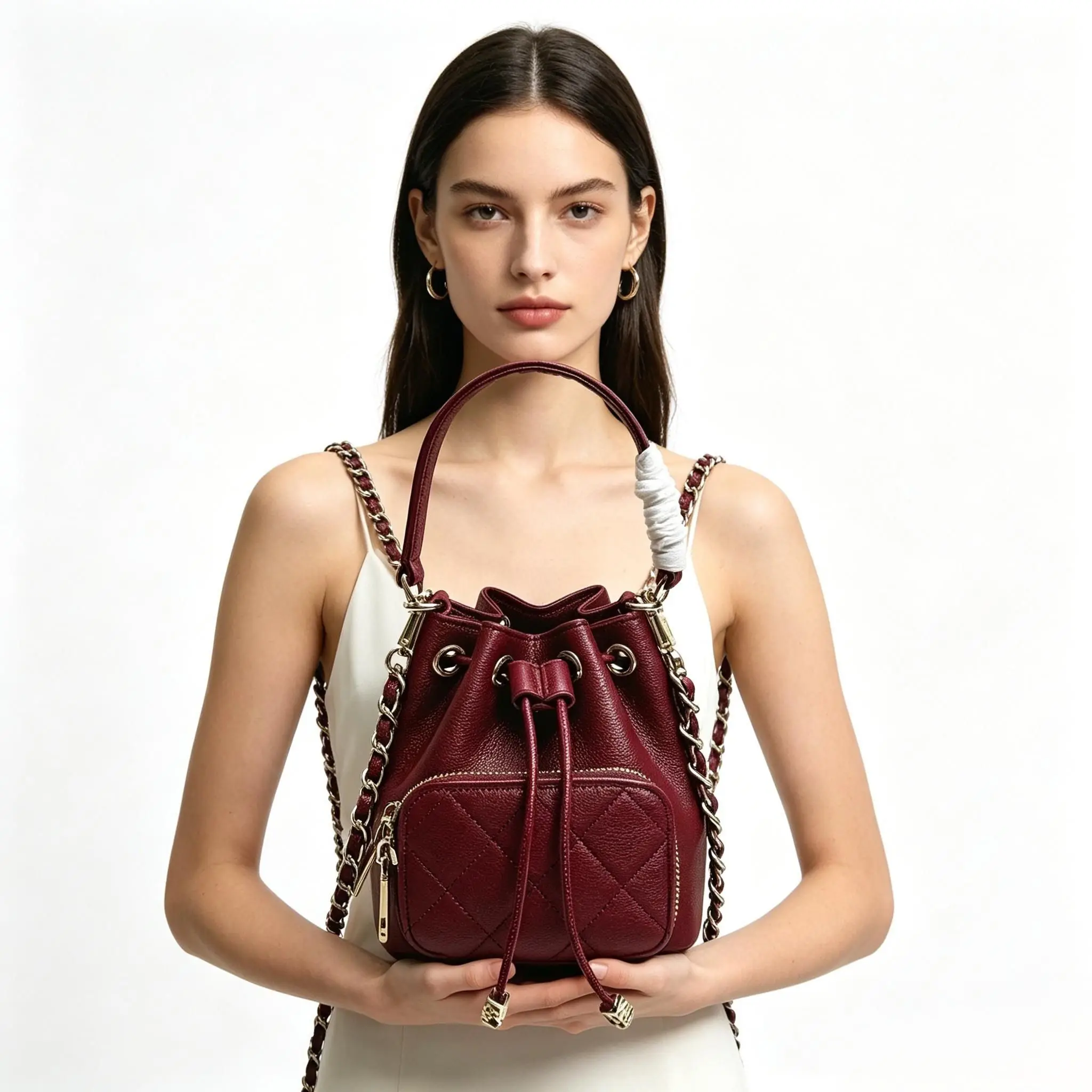 Elegant Burgundy Quilted Leather Bucket Backpack for Women, Multi-functional Drawstring Chain Bag
Elegant Burgundy Quilted Leather Bucket Backpack for Women, Multi-functional Drawstring Chain Bag