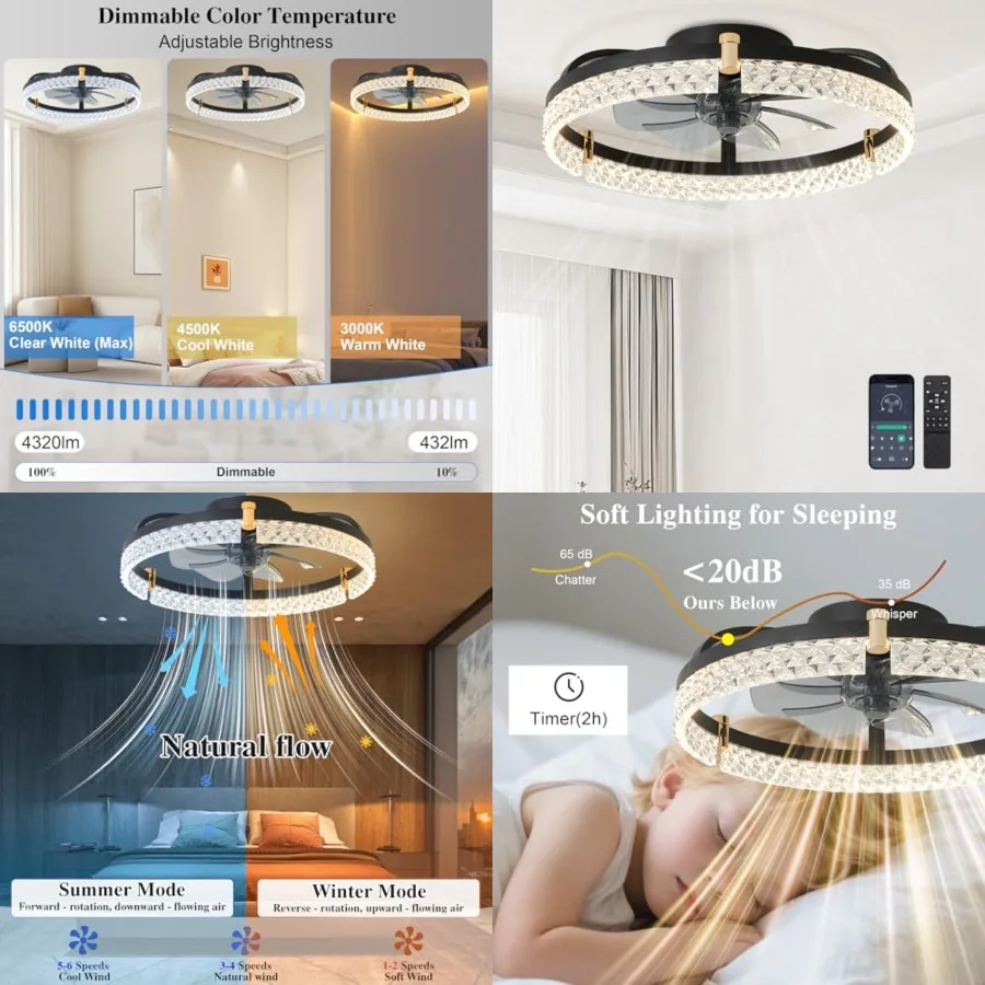 Ceilg Fans with Lights and Remote Fandelier - Low Profile Modern - '' Flush Mount Ceilg Fans for Bedroom, Stepless Color Temper
Ceilg Fans with Lights and Remote Fandelier - Low Profile Modern - '' Flush Mount Ceilg Fans for Bedroom, Stepless Color Temper