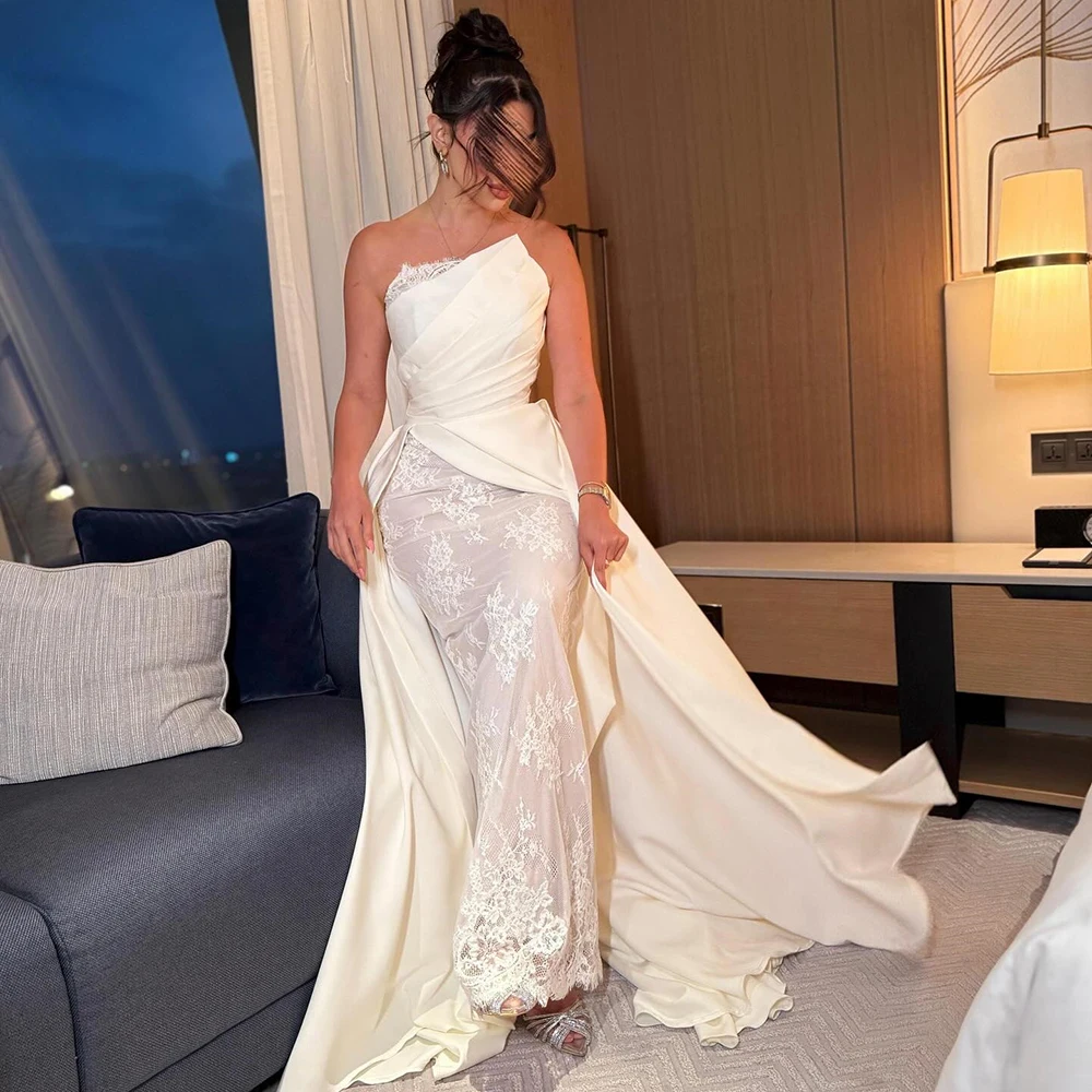 Customized Strapless Mermaid Sleeveless Evening Dress Satin Satteau Train Party Dress Backless Lace Ankle Length Prom Gown
Customized Strapless Mermaid Sleeveless Evening Dress Satin Satteau Train Party Dress Backless Lace Ankle Length Prom Gown