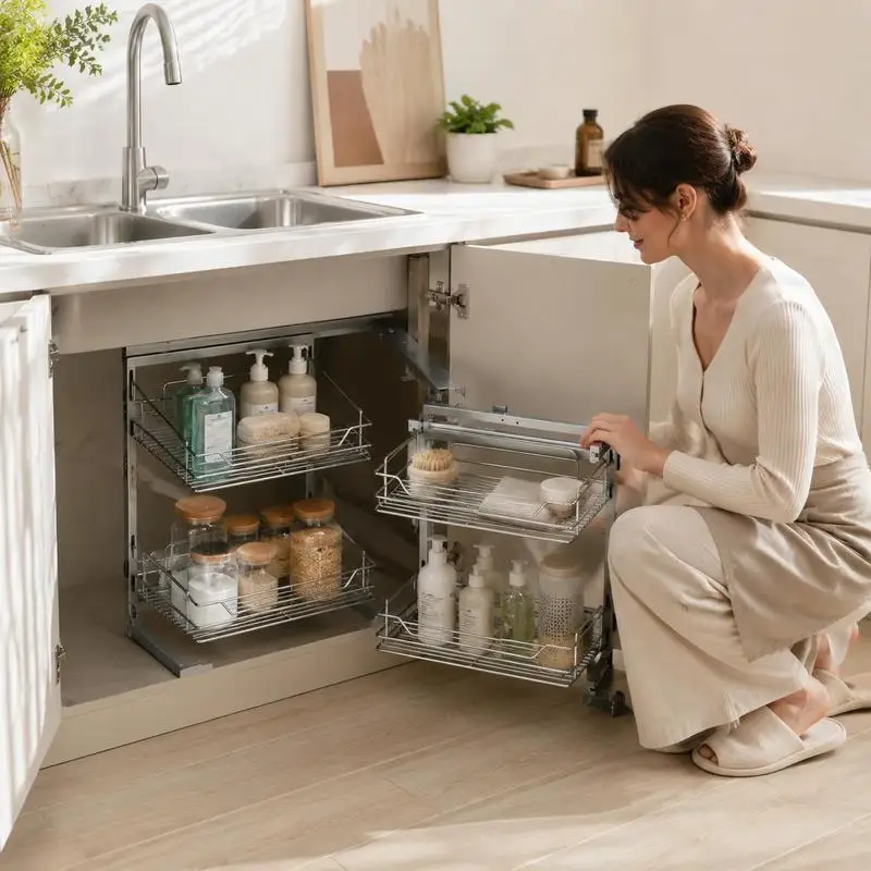 Kitchen cabinet organizer with 2 levels and 4 shelves, storage basket made of chrome-plated carbon steel, storage organizer, opens from the left and right, minimum door opening width 60 cm
Kitchen cabinet organizer with 2 levels and 4 shelves, storage basket made of chrome-plated carbon steel, storage organizer, opens from the left and right, minimum door opening width 60 cm