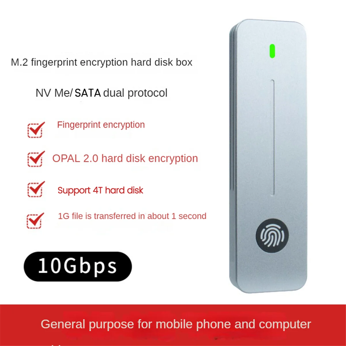 M.2 NVMe SATA SSD Enclosure Case 10Gbps M.2 to USB Type C External Adapter Fingerprint Encryption M.2 SSD Enclosure jasmine
M.2 NVMe SATA SSD Enclosure Case 10Gbps M.2 to USB Type C External Adapter Fingerprint Encryption M.2 SSD Enclosure jasmine