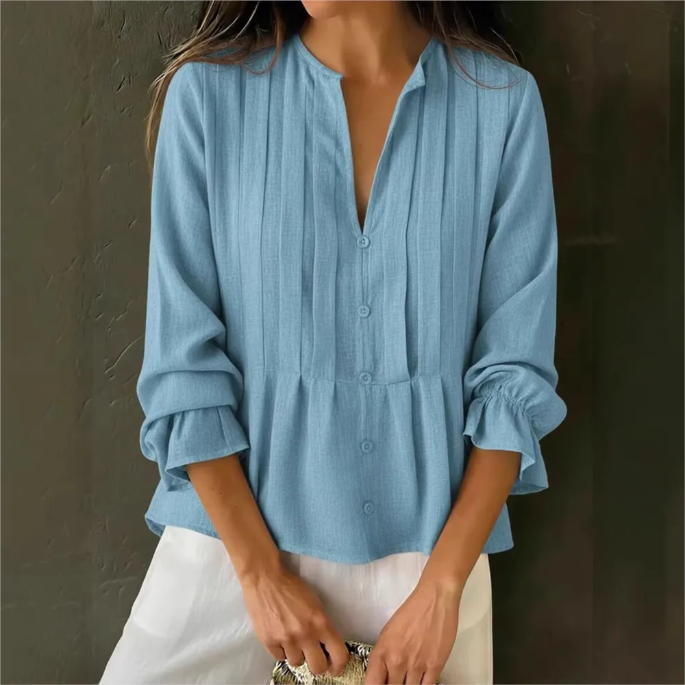 Spring Summer New Casual V-neck Striped Cotton Linen Tops Fashion Buttons Loose Trumpet Long-sleeved Women's Versatile Shirts
Spring Summer New Casual V-neck Striped Cotton Linen Tops Fashion Buttons Loose Trumpet Long-sleeved Women's Versatile Shirts