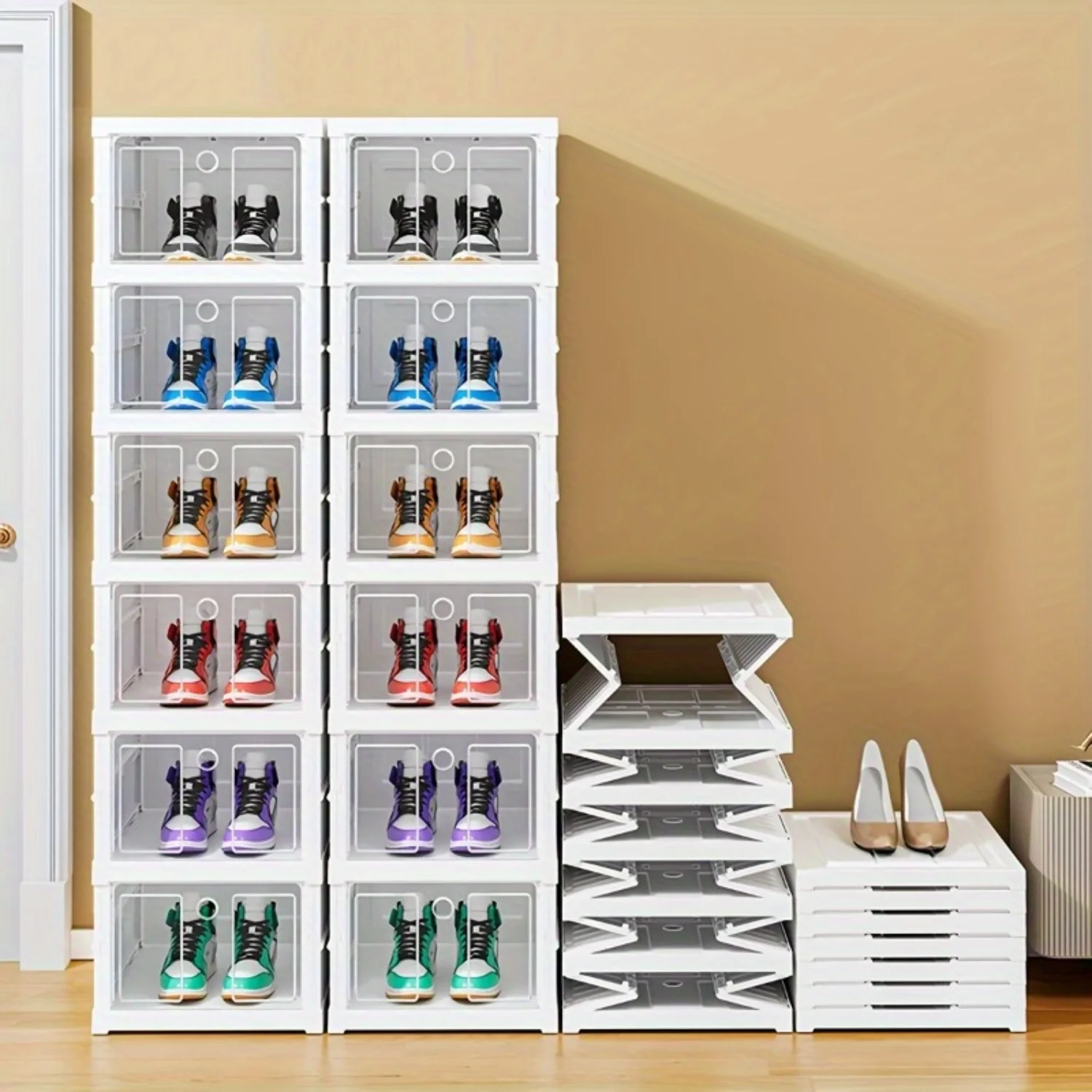 Stackable Folding Shoe Box with Door - Dustproof Plastic Sneaker Organizer - Space-Saving Solution for Entryway, Bedroom, Dorm
Stackable Folding Shoe Box with Door - Dustproof Plastic Sneaker Organizer - Space-Saving Solution for Entryway, Bedroom, Dorm