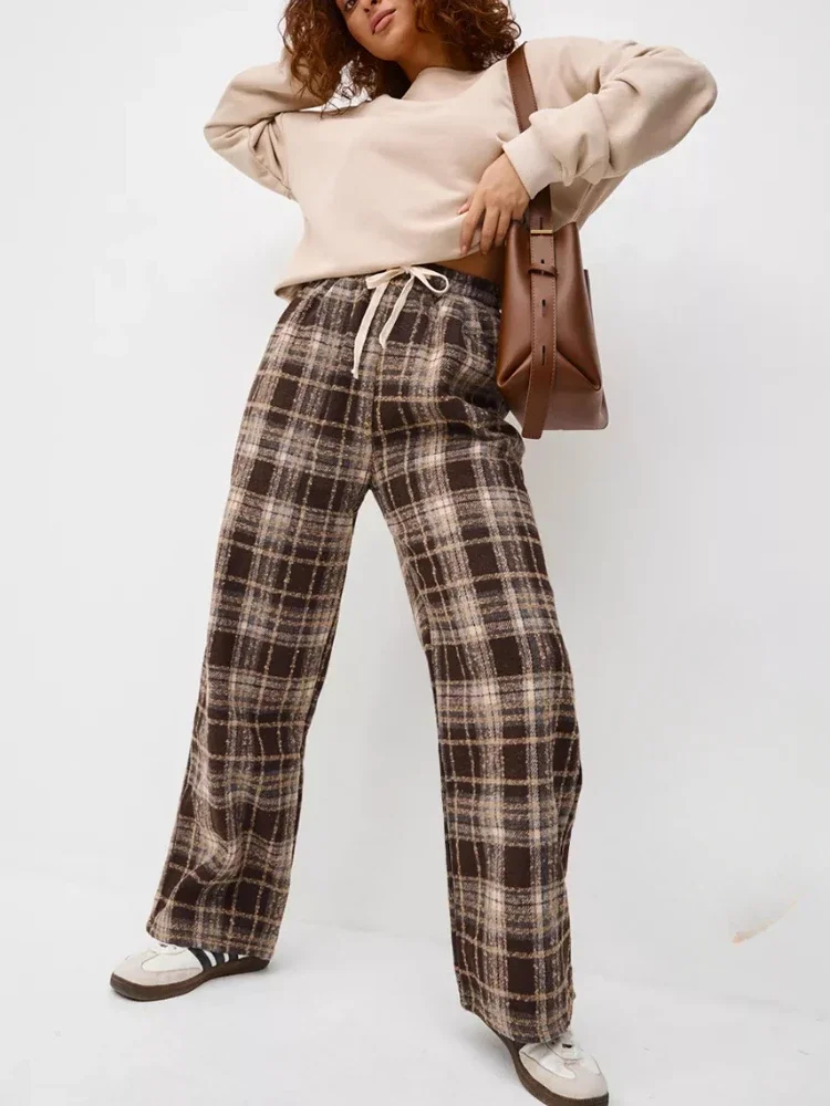 Spring Women's Wide-leg Pants High-waist Retro Woolen Plaid Straight Pants Full Length Drawstring Loose Casual Trousers Women
Spring Women's Wide-leg Pants High-waist Retro Woolen Plaid Straight Pants Full Length Drawstring Loose Casual Trousers Women