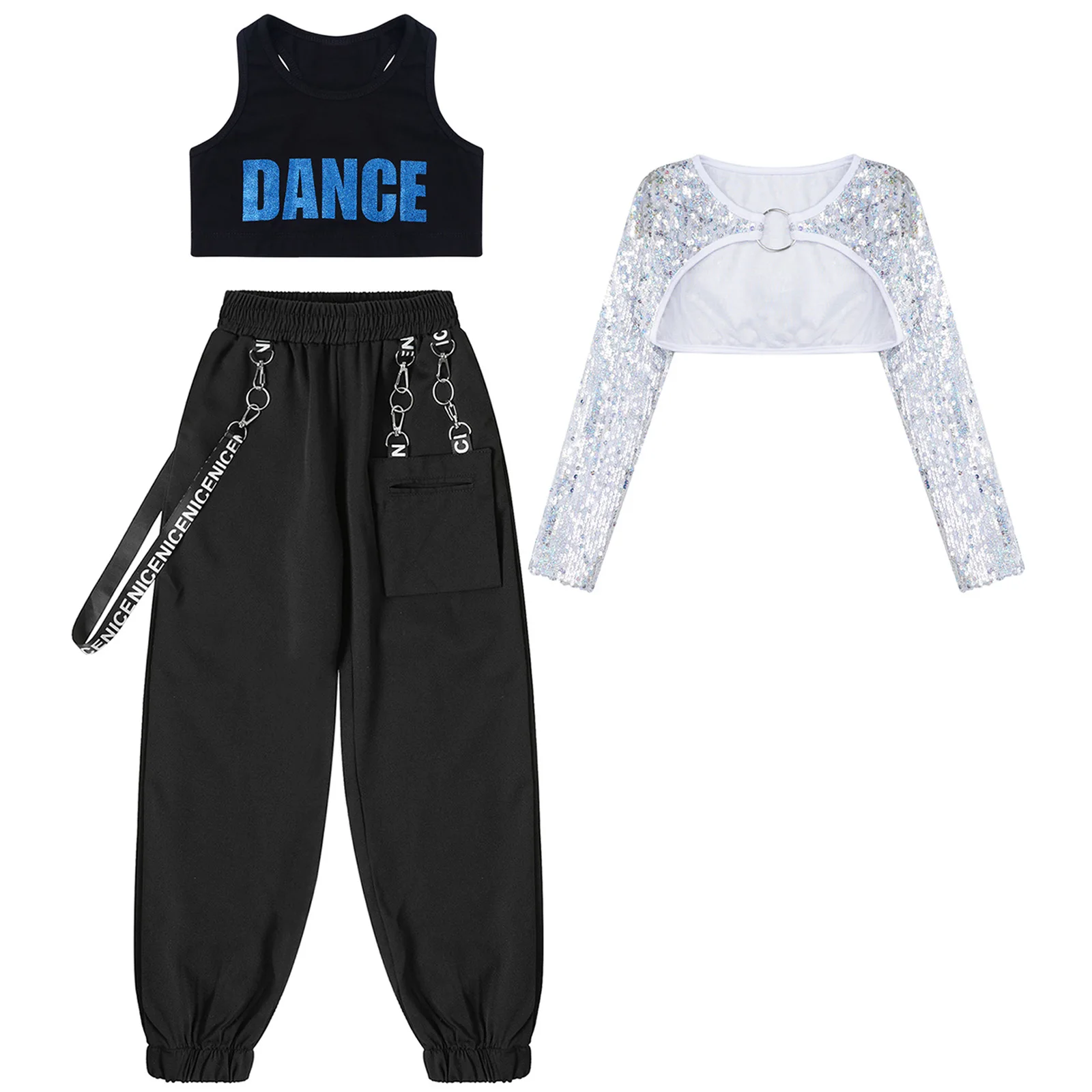 Girls Sleeveless Crop Top with Glittery Long Sleeve Top Coat And Metal Chain Pants Set for Hip Hop Dance Performance Outfits
Girls Sleeveless Crop Top with Glittery Long Sleeve Top Coat And Metal Chain Pants Set for Hip Hop Dance Performance Outfits