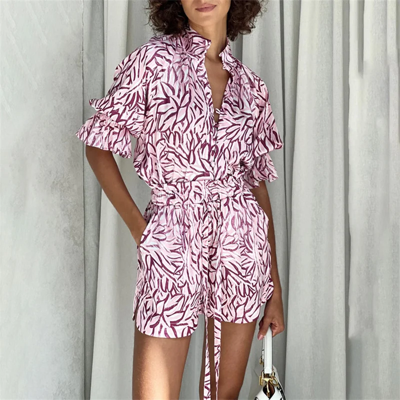 Summer Chic Print Pink Two Pieces Set Women Stand Collar Short Sleeve Shirts and High Waist Lace Up Shorts Set Outfit
Summer Chic Print Pink Two Pieces Set Women Stand Collar Short Sleeve Shirts and High Waist Lace Up Shorts Set Outfit