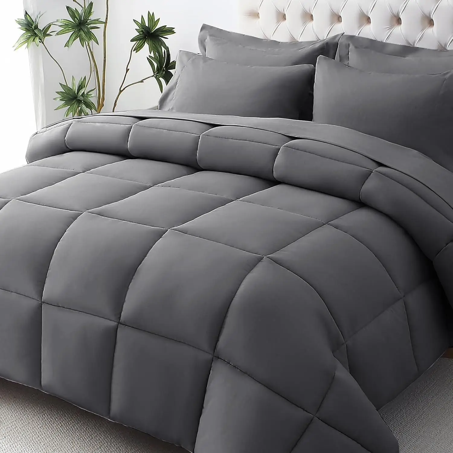Queen Comforter Set 7 Pieces Ultra-Soft Bed in a Bag with Down Alternative Fill and Deep Pocket Sheets, Dark Grey
Queen Comforter Set 7 Pieces Ultra-Soft Bed in a Bag with Down Alternative Fill and Deep Pocket Sheets, Dark Grey