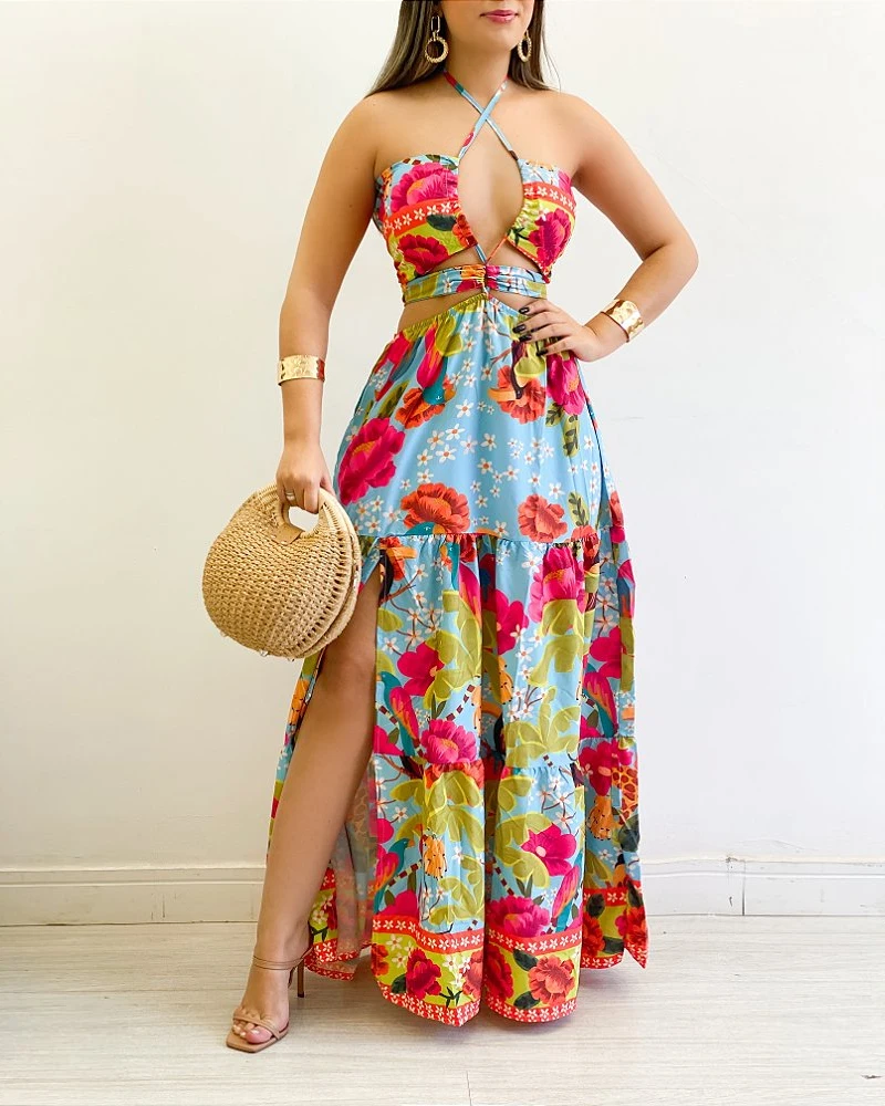 Sexy Dresses Women's Floral Print Criss Cross Halter Slit Dress Female Clothing New Casual Hollow Out Ruffes Vacation Maxi Dress
Sexy Dresses Women's Floral Print Criss Cross Halter Slit Dress Female Clothing New Casual Hollow Out Ruffes Vacation Maxi Dress