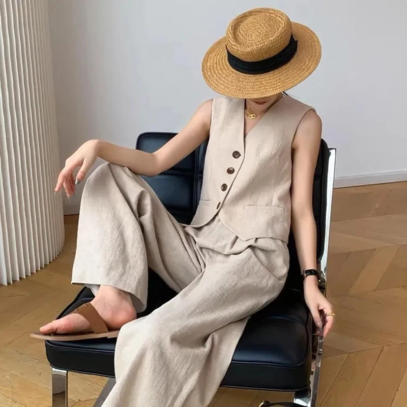 Linen Cotton Vest Pants Set Women Classic Sleeveless Waistcost Structured Paperbag Waisted Wide Leg Pants Breathable 2Piece Set
Linen Cotton Vest Pants Set Women Classic Sleeveless Waistcost Structured Paperbag Waisted Wide Leg Pants Breathable 2Piece Set