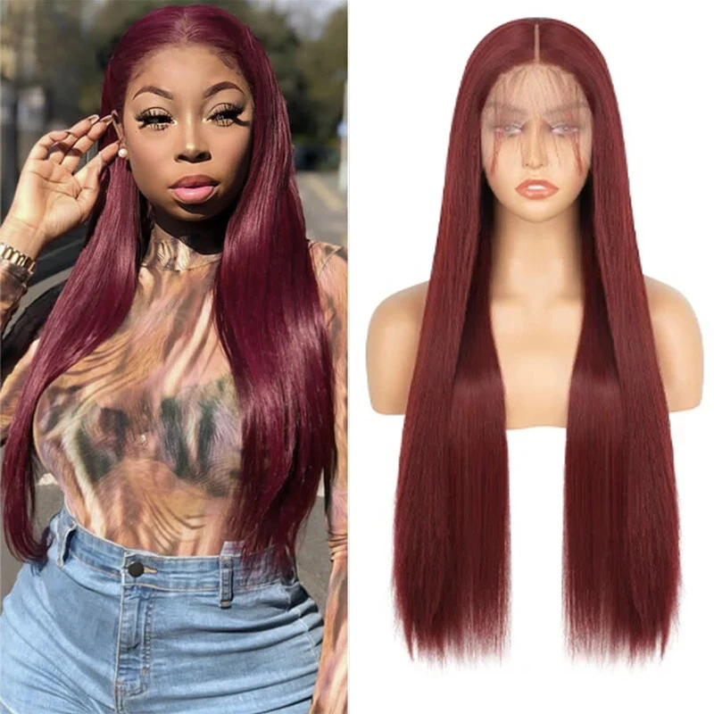 European and American women's in burgundy color, 13*4 lace front , long straight synthetic hair wig
European and American women's in burgundy color, 13*4 lace front , long straight synthetic hair wig