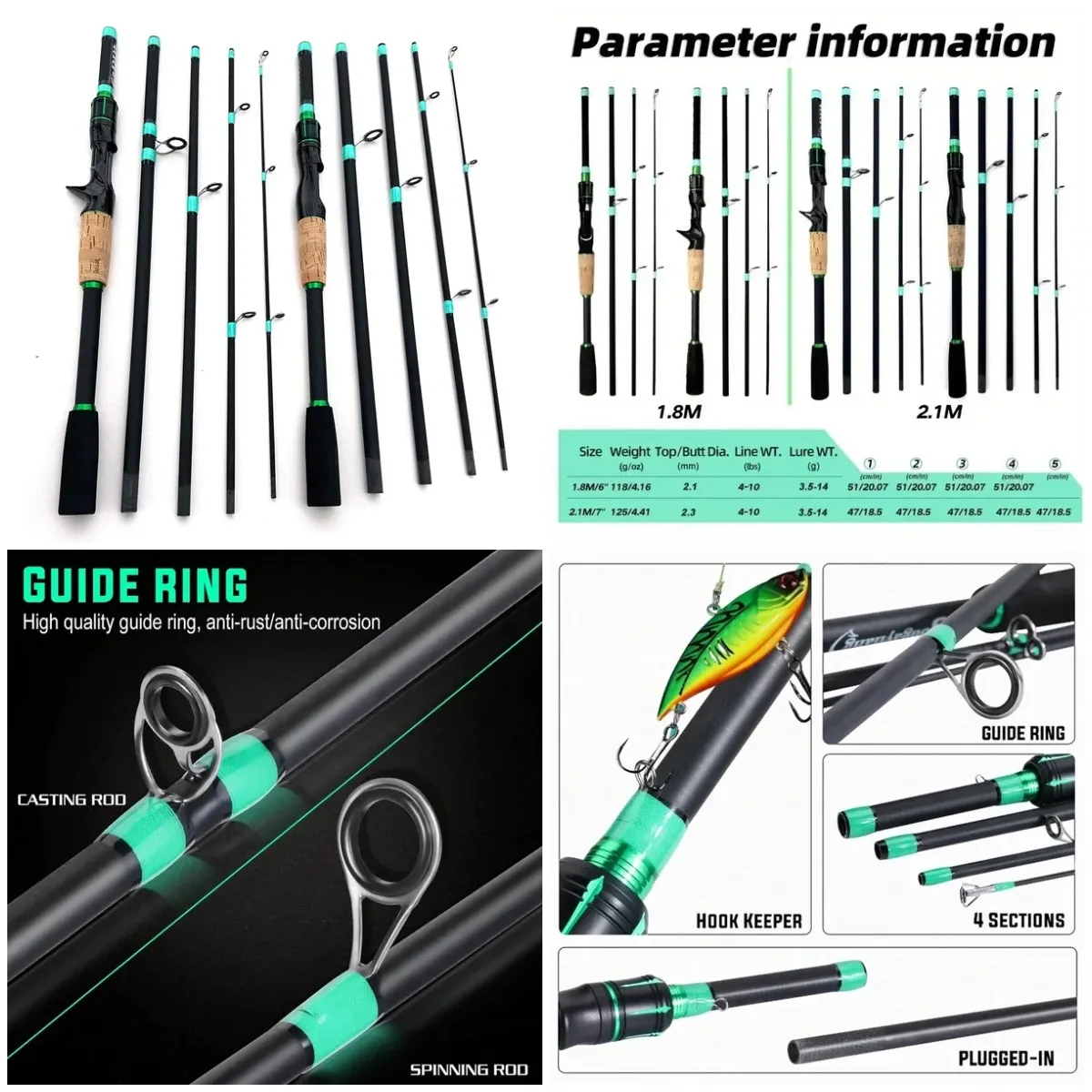 180cm/70.86inch 4 Section Fiberglass Spinner Baitcasting Fishing Rod M Tone Fish Pole Carp Fishing Tackle Accessories
180cm/70.86inch 4 Section Fiberglass Spinner Baitcasting Fishing Rod M Tone Fish Pole Carp Fishing Tackle Accessories
