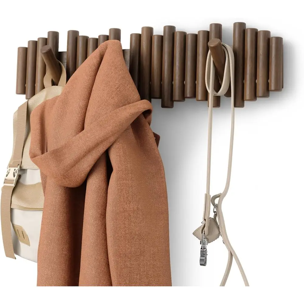 Walnut Wall-Mounted Coat Rack with 8 Wooden Hooks for Hats, Scarves, and Bags in Entryway or Living Room
Walnut Wall-Mounted Coat Rack with 8 Wooden Hooks for Hats, Scarves, and Bags in Entryway or Living Room