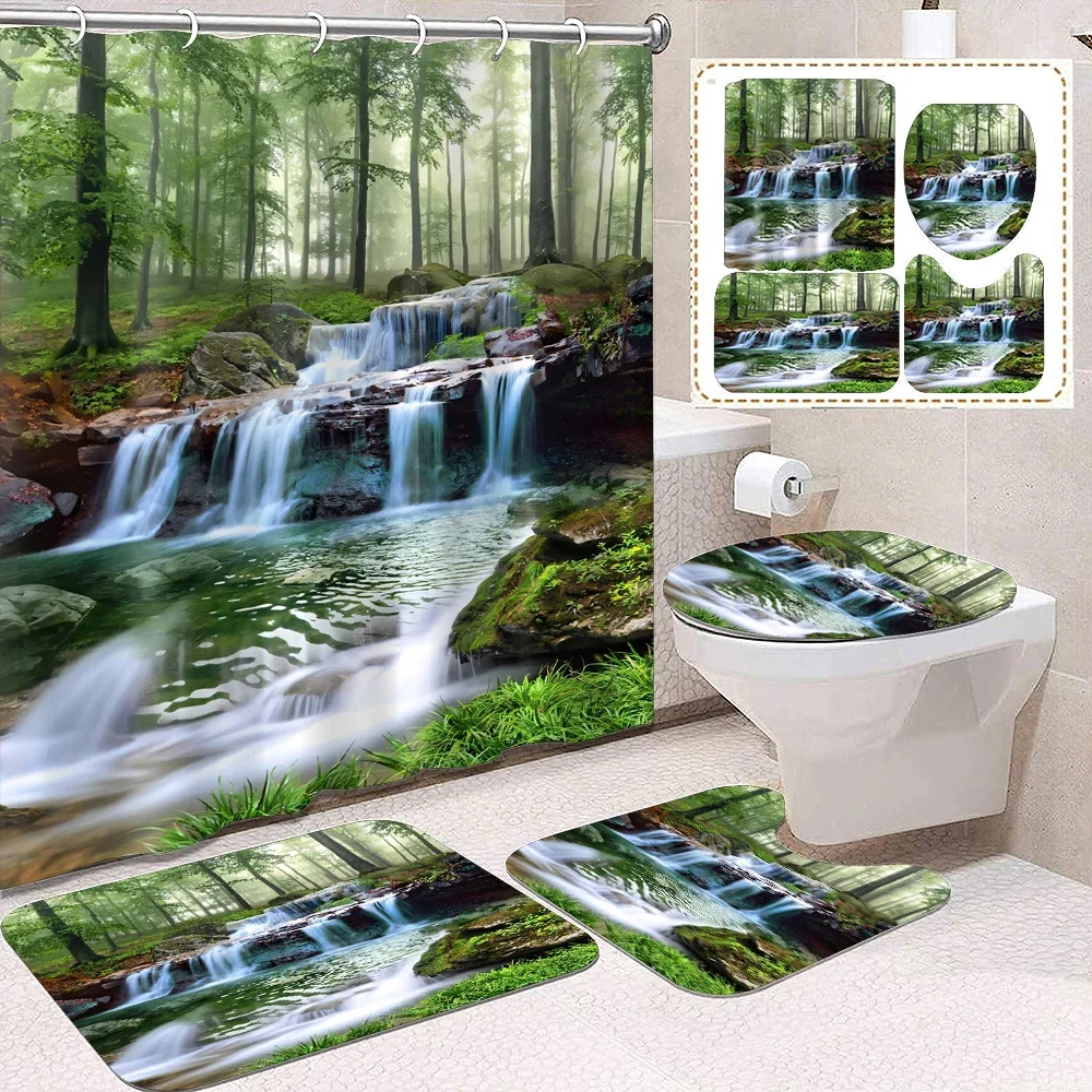 4-piece forest river waterfall printed waterproof shower curtain with 12 hooks and bathroom floor mats
4-piece forest river waterfall printed waterproof shower curtain with 12 hooks and bathroom floor mats