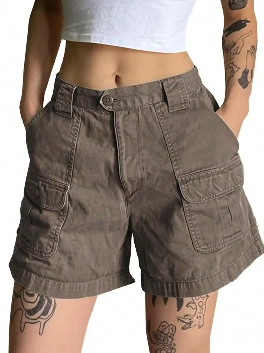 High-Waisted Womens Cargo Shorts With Multiple Pockets, Button-Front Cotton Blend For Casual Summer Wear
High-Waisted Womens Cargo Shorts With Multiple Pockets, Button-Front Cotton Blend For Casual Summer Wear