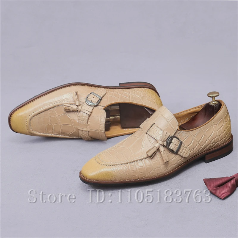 Elegant Men Beige Leather Loafers Crocodile Embossed Upper with Tassel Buckle Luxury Formal Dress Shoes for Weddings, Office
Elegant Men Beige Leather Loafers Crocodile Embossed Upper with Tassel Buckle Luxury Formal Dress Shoes for Weddings, Office
