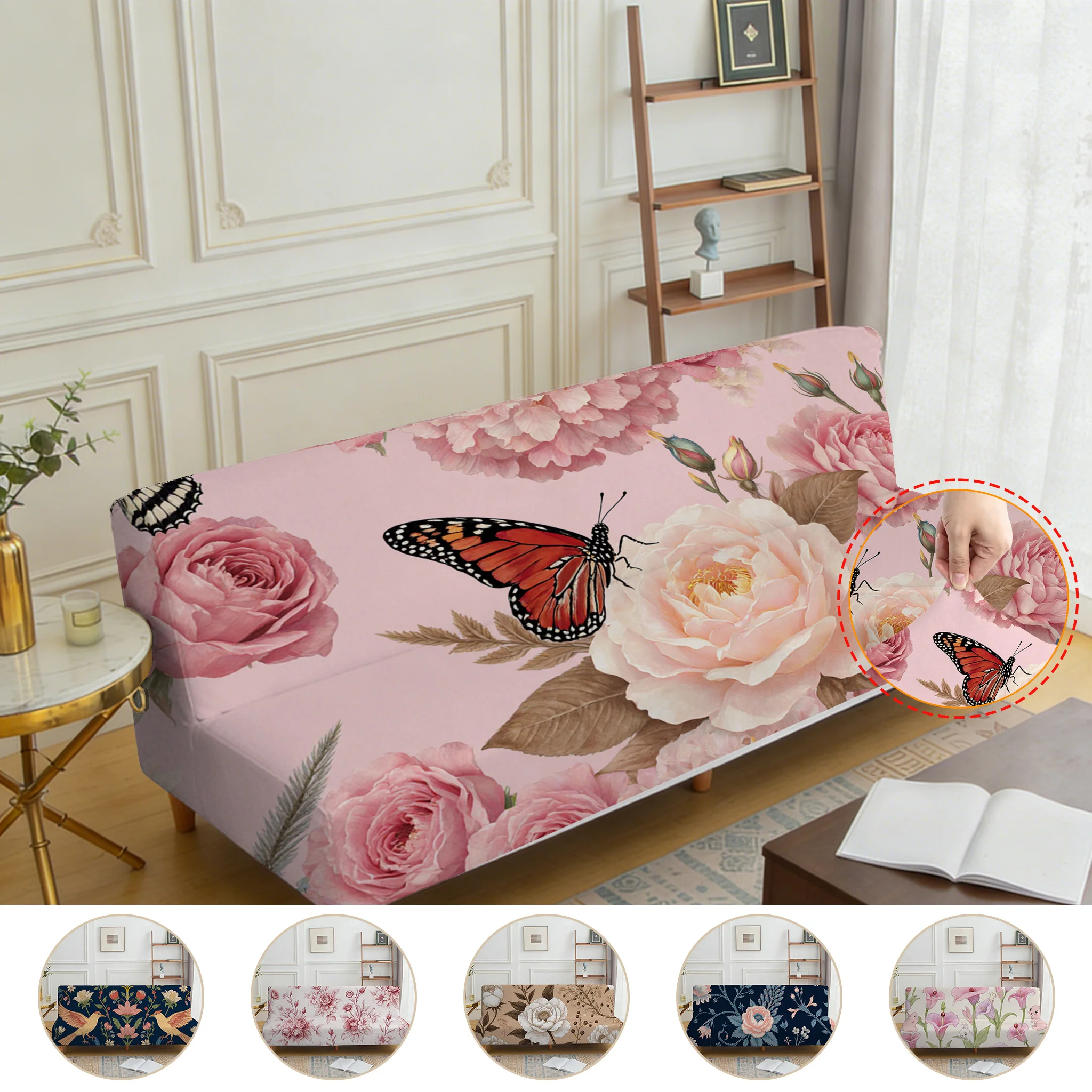 Armrestless stretch sofa bed cover, living room home décor, French vintage floral print pattern
Armrestless stretch sofa bed cover, living room home décor, French vintage floral print pattern