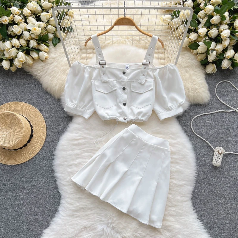 Korea Fashion Solid Color Off-Shoulder Shoulder-Baring Puff Short Sleeve Sling Top High Waist Pleated Skirt Two-Piece Set Summer
Korea Fashion Solid Color Off-Shoulder Shoulder-Baring Puff Short Sleeve Sling Top High Waist Pleated Skirt Two-Piece Set Summer