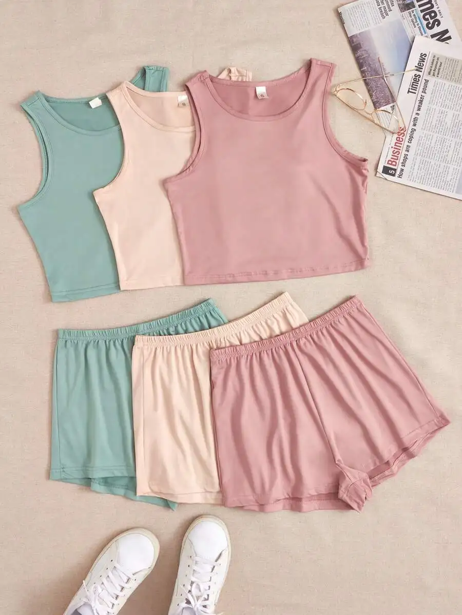 3-Piece Solid Color Crop Tank Top and Shorts Set for Women Summer Lounge Wear
3-Piece Solid Color Crop Tank Top and Shorts Set for Women Summer Lounge Wear