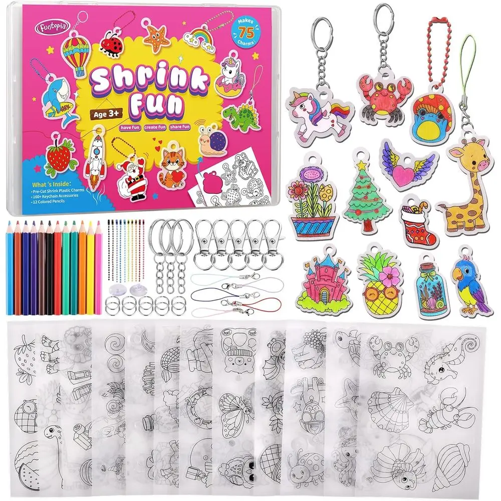 75-Piece DIY Shrink Paper Craft Kit for Kids: 12 Themes with Charms & Keychain Accessories
75-Piece DIY Shrink Paper Craft Kit for Kids: 12 Themes with Charms & Keychain Accessories