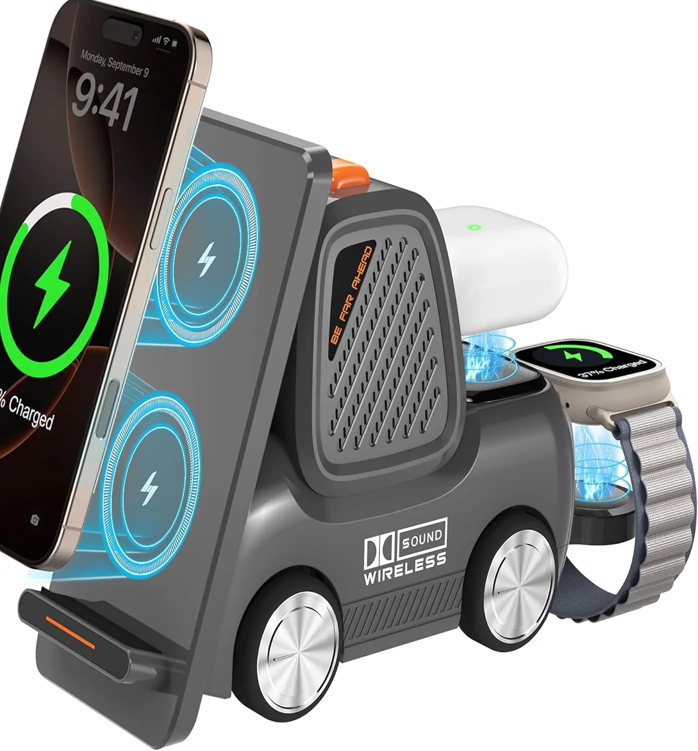 4 in 1 Wireless Charger with Bluetooth Speaker, Fast Charging for iPhone, Watch, AirPods, Android
4 in 1 Wireless Charger with Bluetooth Speaker, Fast Charging for iPhone, Watch, AirPods, Android
