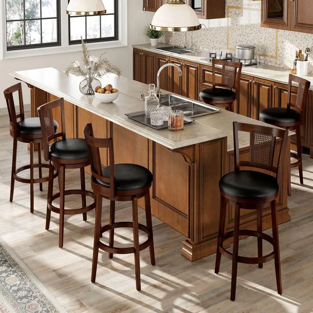 Set of 6, 26 Leatherette Swivel Counter Height Bar Stools with Backrests and Brown Wooden Legs
Set of 6, 26 Leatherette Swivel Counter Height Bar Stools with Backrests and Brown Wooden Legs