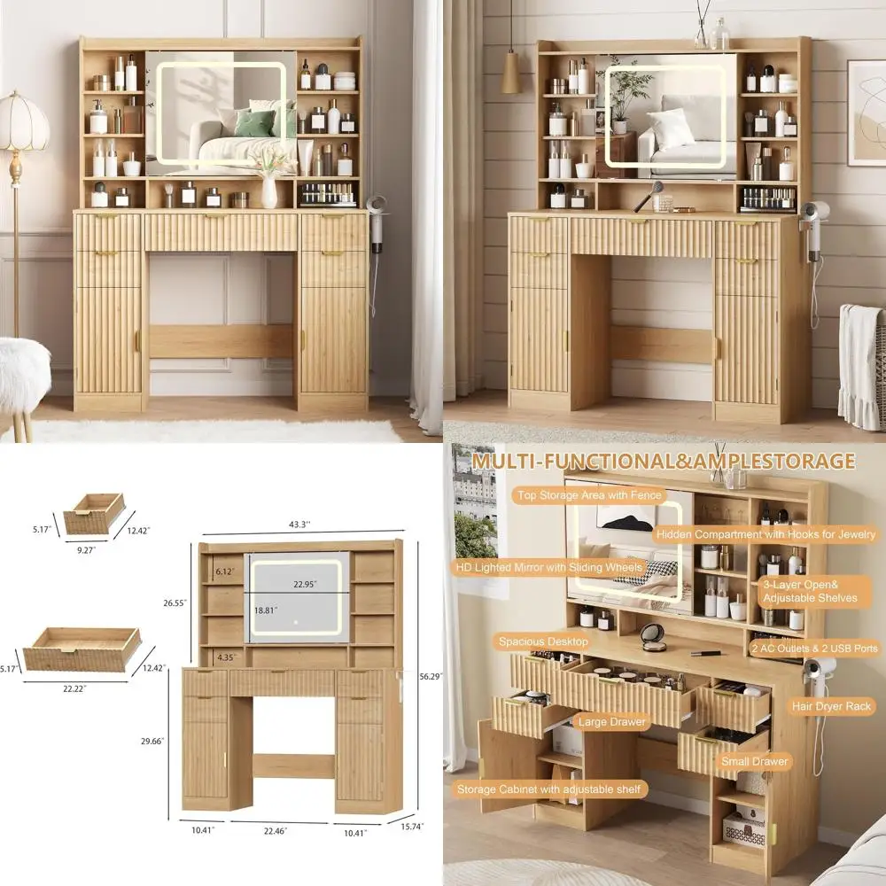 Lighted Mirror Vanity Desk with Storage, Natural Oak Finish for Bedroom
Lighted Mirror Vanity Desk with Storage, Natural Oak Finish for Bedroom