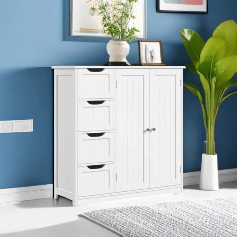 Wooden Bathroom Floor Cabinet, Side Storage Organizer Cabinet with 4 Drawers & Double Doors, Freestanding bathroom furniture
Wooden Bathroom Floor Cabinet, Side Storage Organizer Cabinet with 4 Drawers & Double Doors, Freestanding bathroom furniture