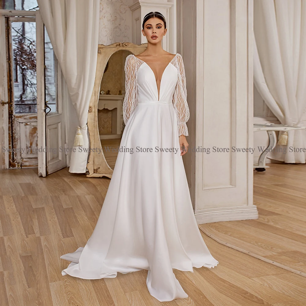 Modern Simple Wedding Dress Custom Made Deep V Neck Long Sleeves Sweep Train A Line Vestido De Noiva Bridal Gown for Women Bride
Modern Simple Wedding Dress Custom Made Deep V Neck Long Sleeves Sweep Train A Line Vestido De Noiva Bridal Gown for Women Bride