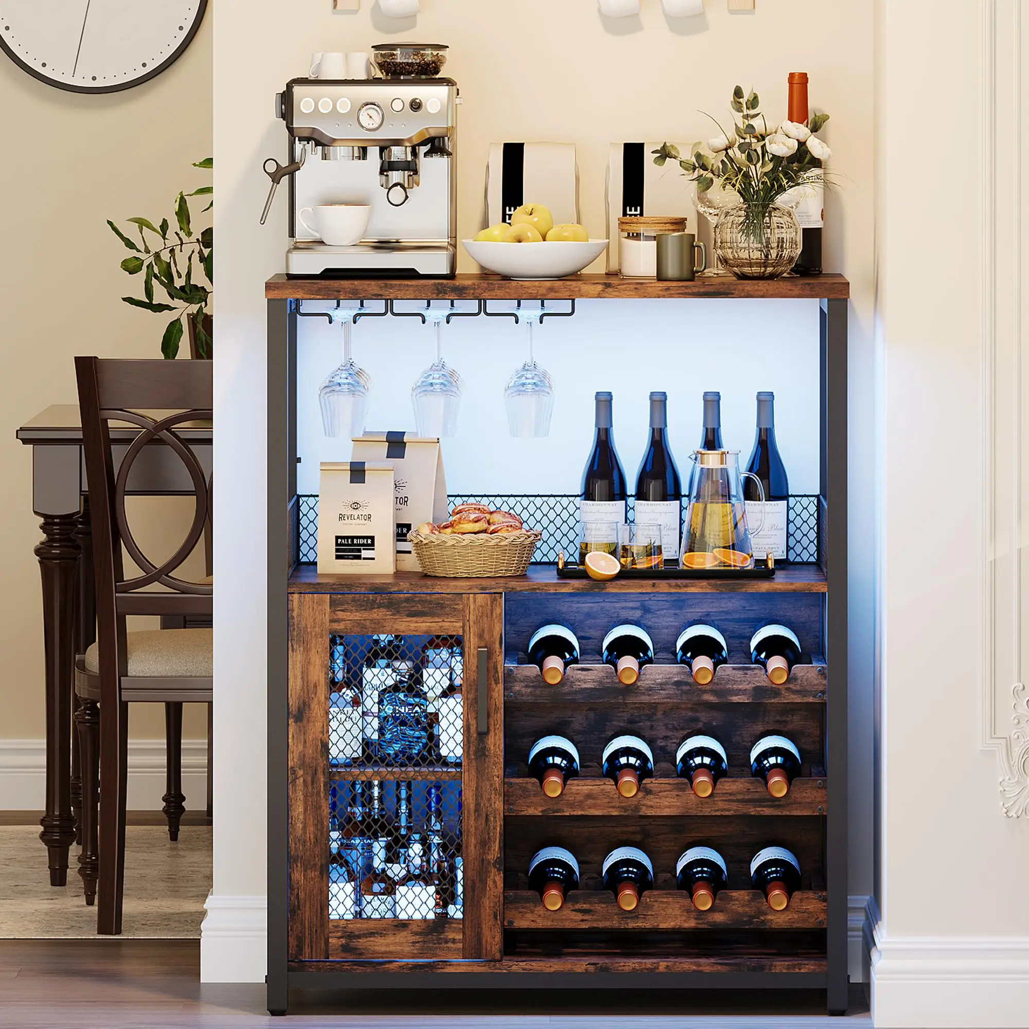 Rustic 3-Tier Bar Cabinet With LED Lighting, Wine Rack, Glass Holder, Storage Door, For Living Room Dining Kitchen
Rustic 3-Tier Bar Cabinet With LED Lighting, Wine Rack, Glass Holder, Storage Door, For Living Room Dining Kitchen