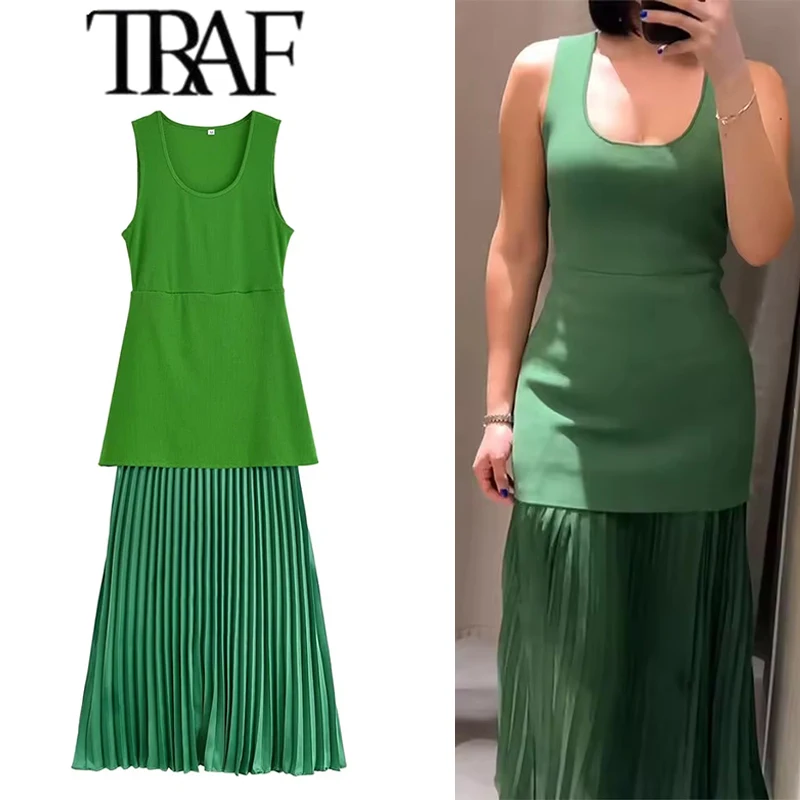 TRAF Knitted Pleated Patchwork Long Dresses for Women Sleeveless O-neck A-line Midi Dress 2025 Summer Elegant Party Dresses  
TRAF Knitted Pleated Patchwork Long Dresses for Women Sleeveless O-neck A-line Midi Dress 2025 Summer Elegant Party Dresses 